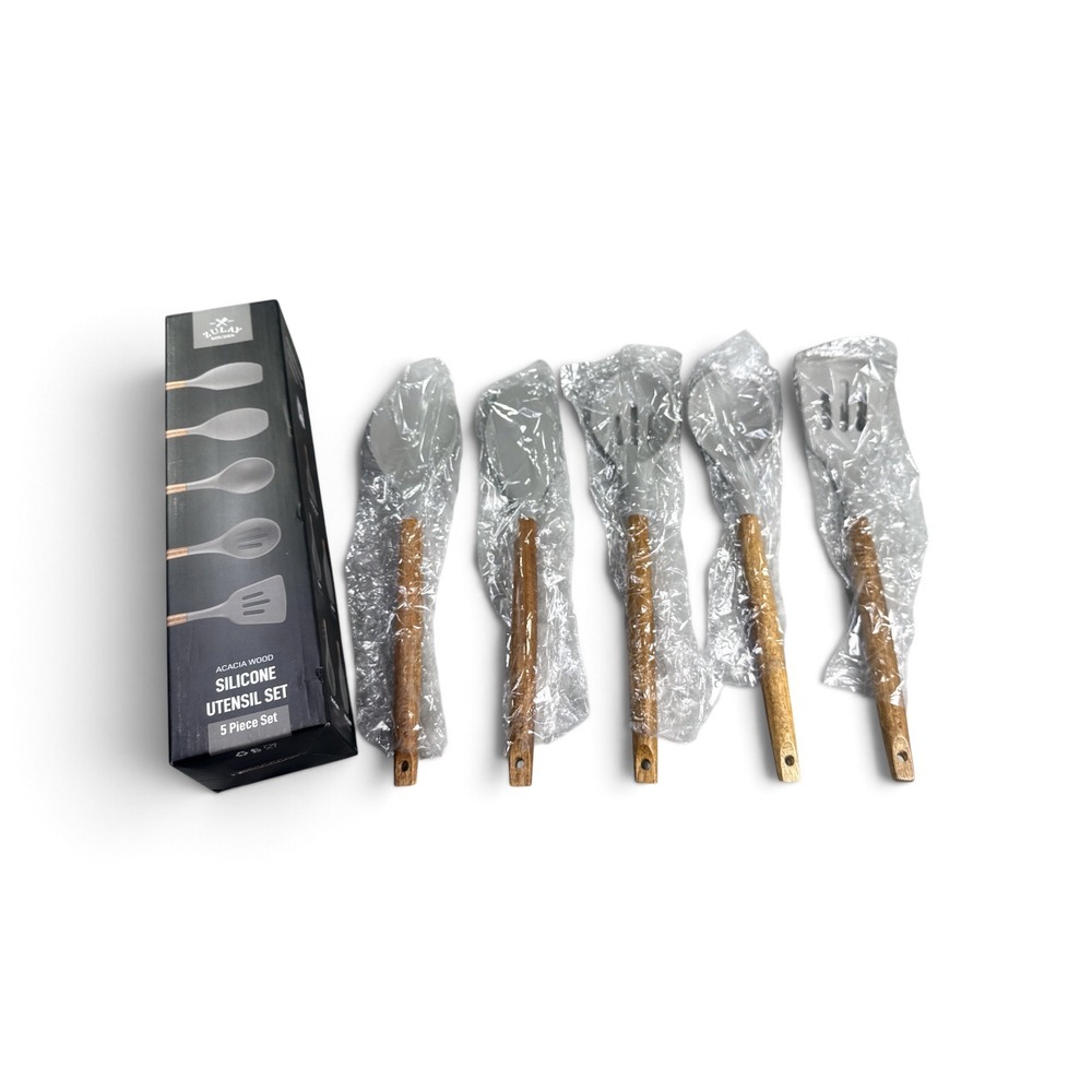 Zulay Kitchen 5 Piece Silicone Utensil Set Acacia Wood Handles Grey